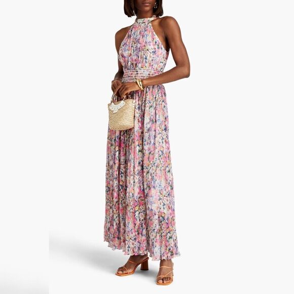 Rococo Sand Pleated Floral-Print Georgette Maxi Dress Women's Size Large Smocked - Picture 1 of 12